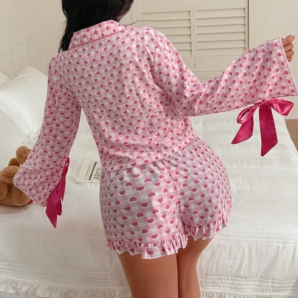 Pink Women's Heart Print Bowknot Pajama Set